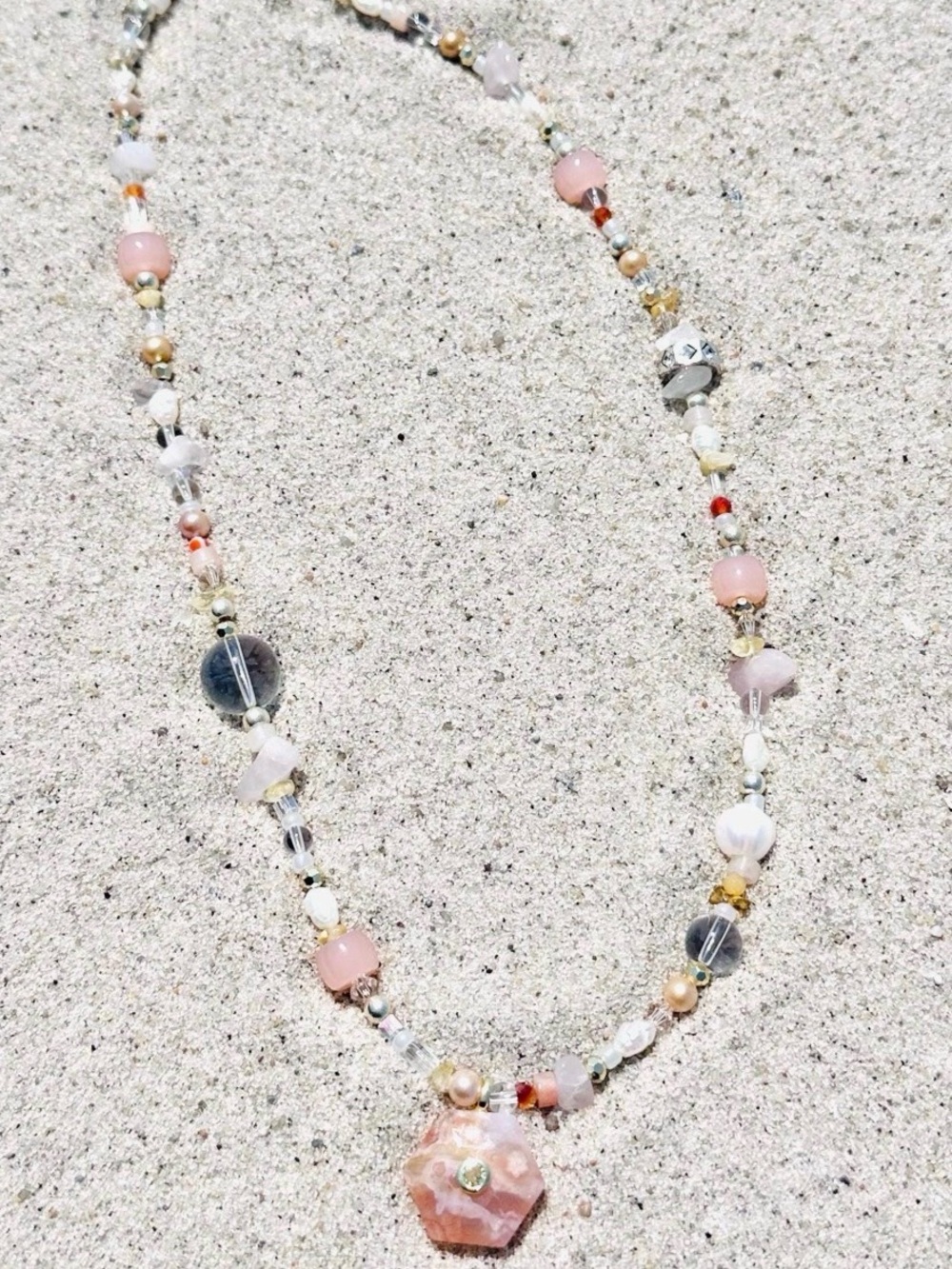 *NWT* Upcycled Vintage Pink, Gold, Silver + Flower Agate w/Crystal Necklace